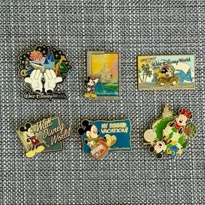 6 Walt Disney World Pins / 4 Park Icons / with Mickey and Minnie Mouse, Pluto